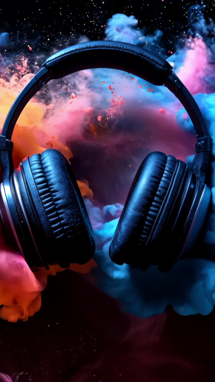 A pair of headphones is in the middle of a colorful explosion of confetti. The headphones are black and the confetti is red, blue, and yellow. Concept of excitement and celebration