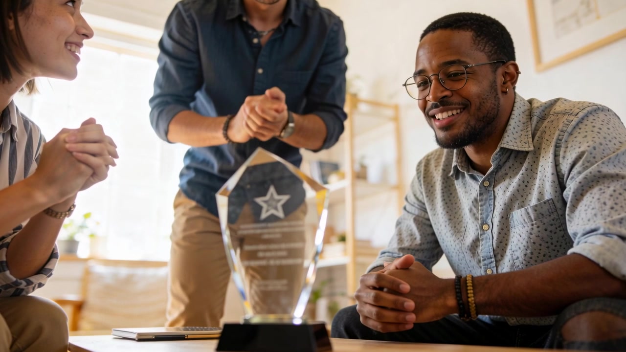 Clapping team spotting crystal trophy at low table, leaning forward cheering win in office wear