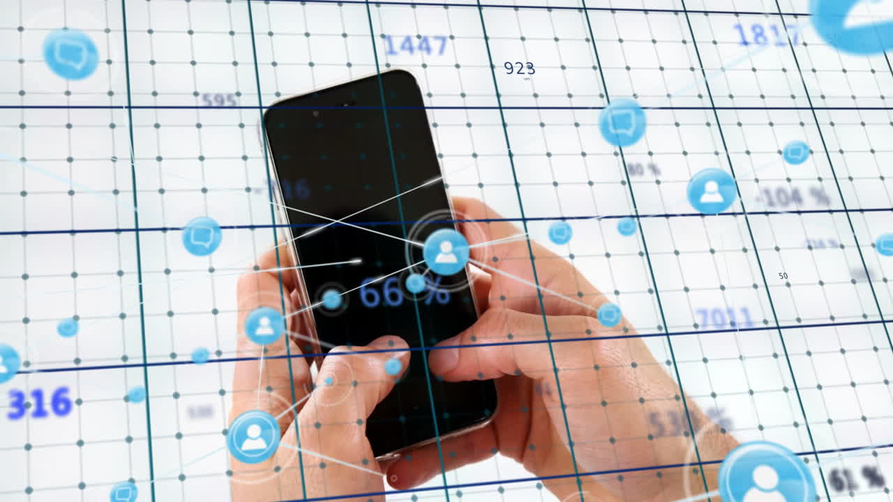Using smartphone with social media icons and data grid overlay, hands interacting
