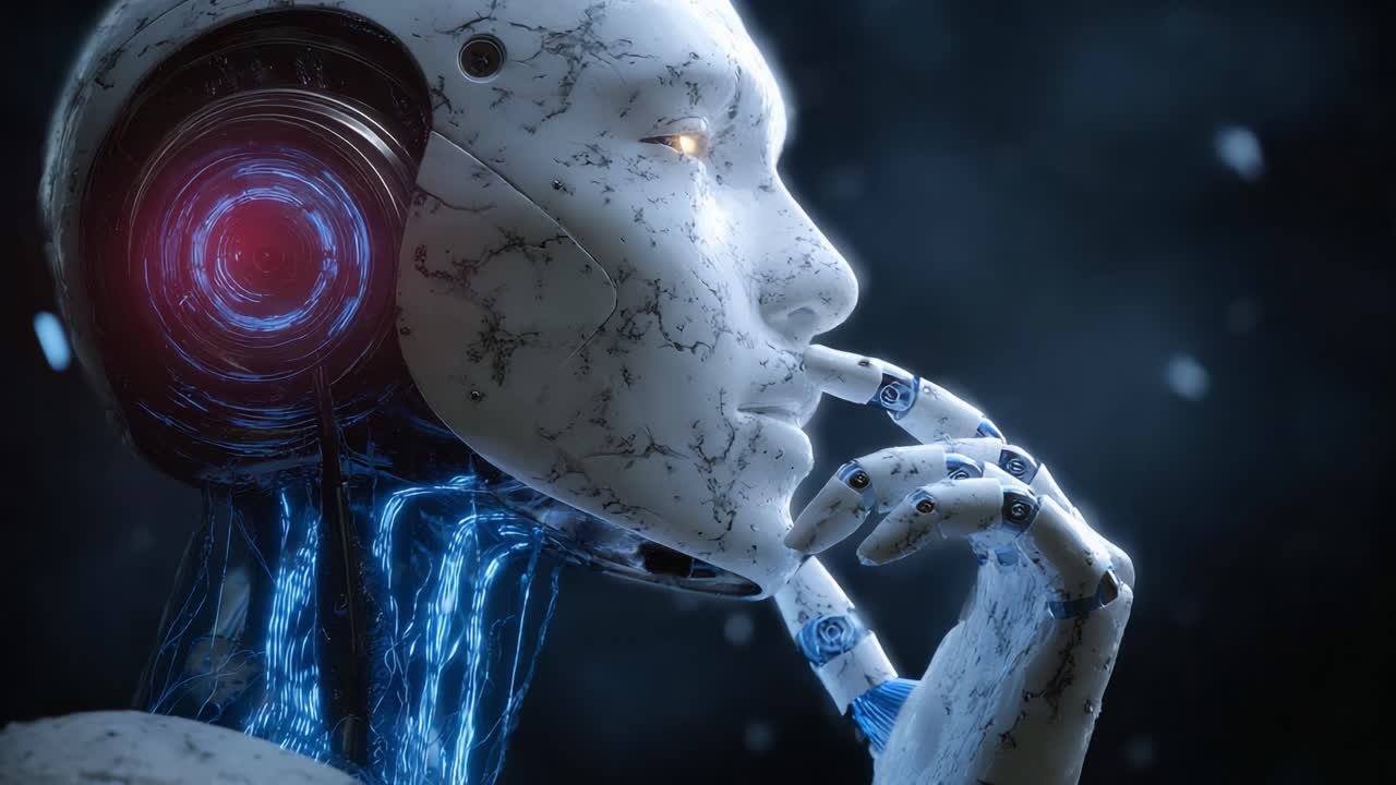A Futuristic Robot Contemplating the Unknown: The Evolution of Artificial Intelligence in a Stunning Visual Representation