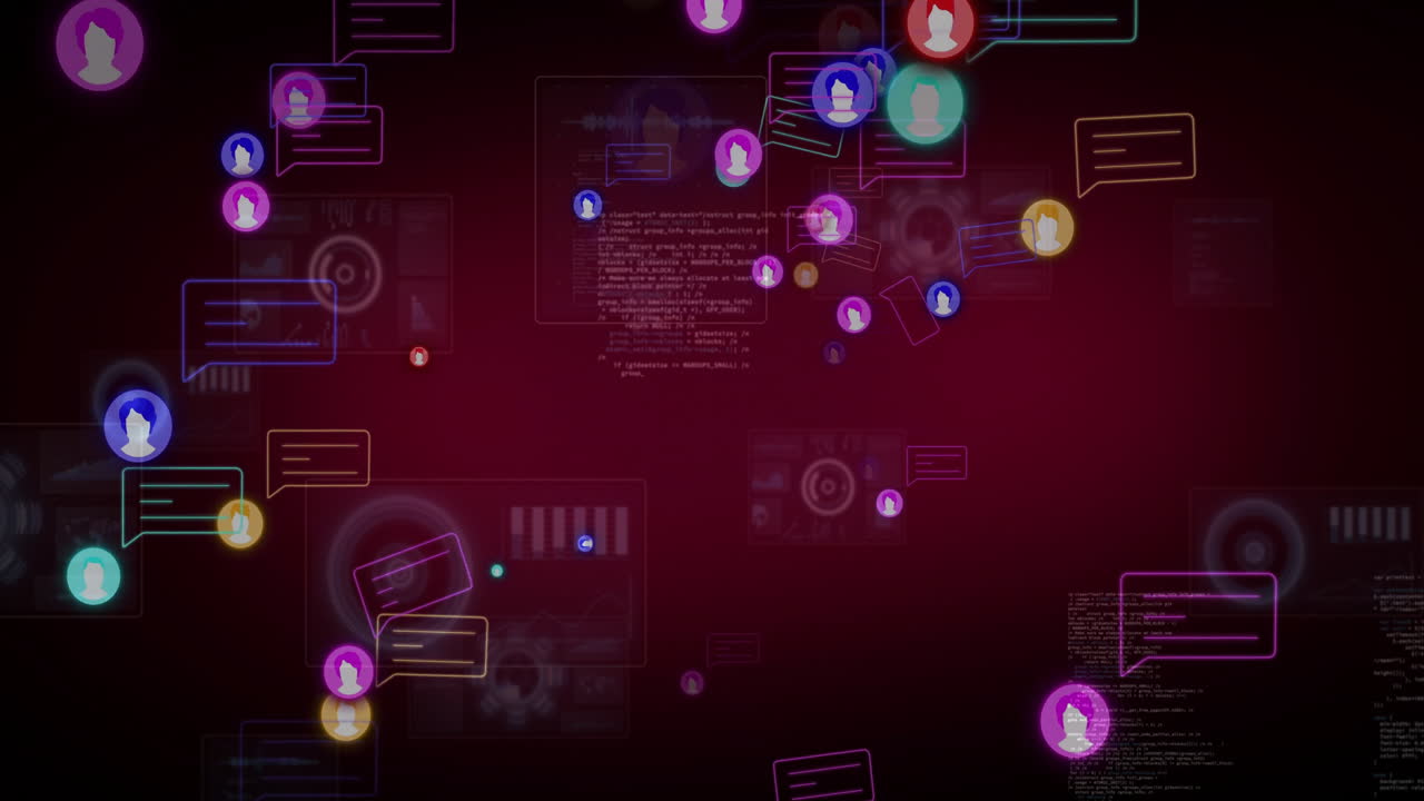 Floating colorful chat bubbles and social media icons over digital interface background