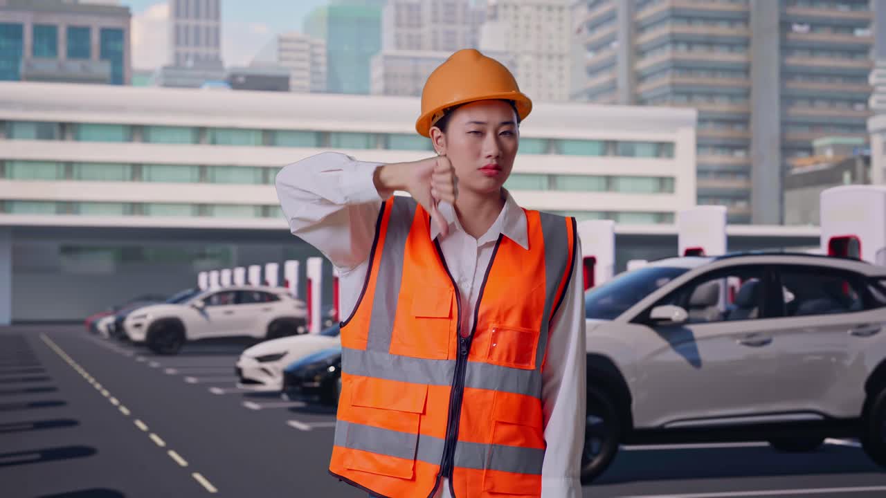 安全ヘルメットを着用したアジア系の女性エンジニアが、立ちながら不満げに親指を下げ、首を横に振っている。背景には、現代の都市型充電施設で充電中の電気自動車が見える。