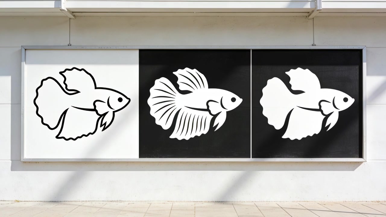 Indrammer triptykon fiskeudstilling, kameraet holder sig stabilt på lys væg, mens sollys skaber skiftende skygger.
