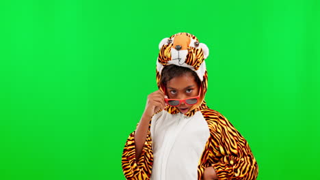 tiger dress up and child face with green screen