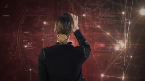 animation of a front view of a caucasian woman touching a digital screen with processing data