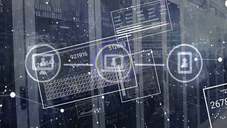 animation of media icons and shapes over data processing and server room