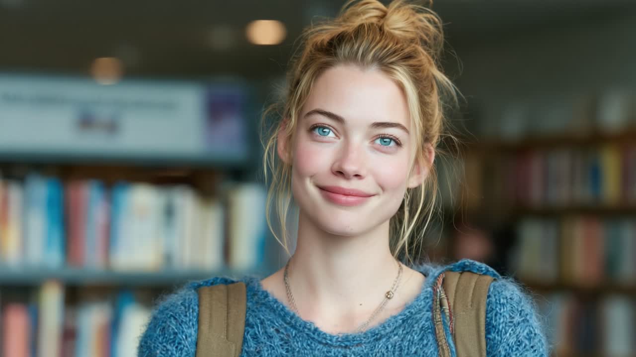 A Bright and Cheerful Woman with a Warm Smile Captured in a Library Setting, Radiating Positivity and Joyful Vibes Through Her Expressive Blue Eyes