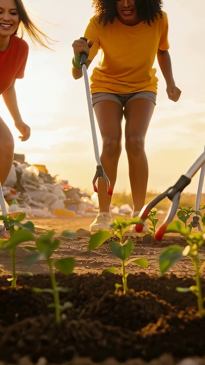 Vertical video: Emerging women volunteers jogging slowing picking trash with red picker near plants