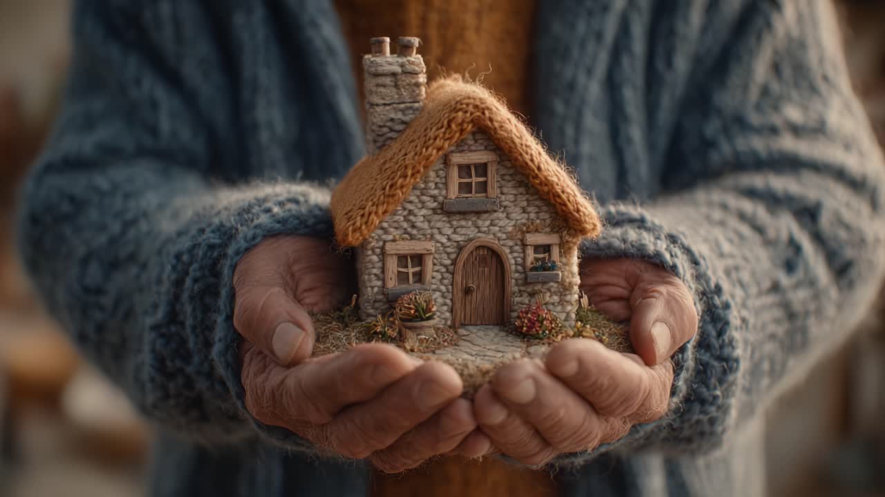 Een hartverwarmend moment, vastgelegd terwijl handen zachtjes een zorgvuldig vervaardigd miniatuurhuisje vasthouden, dat warmte, nostalgie en de essentie van thuis symboliseert in een gezellige, troostrijke omgeving