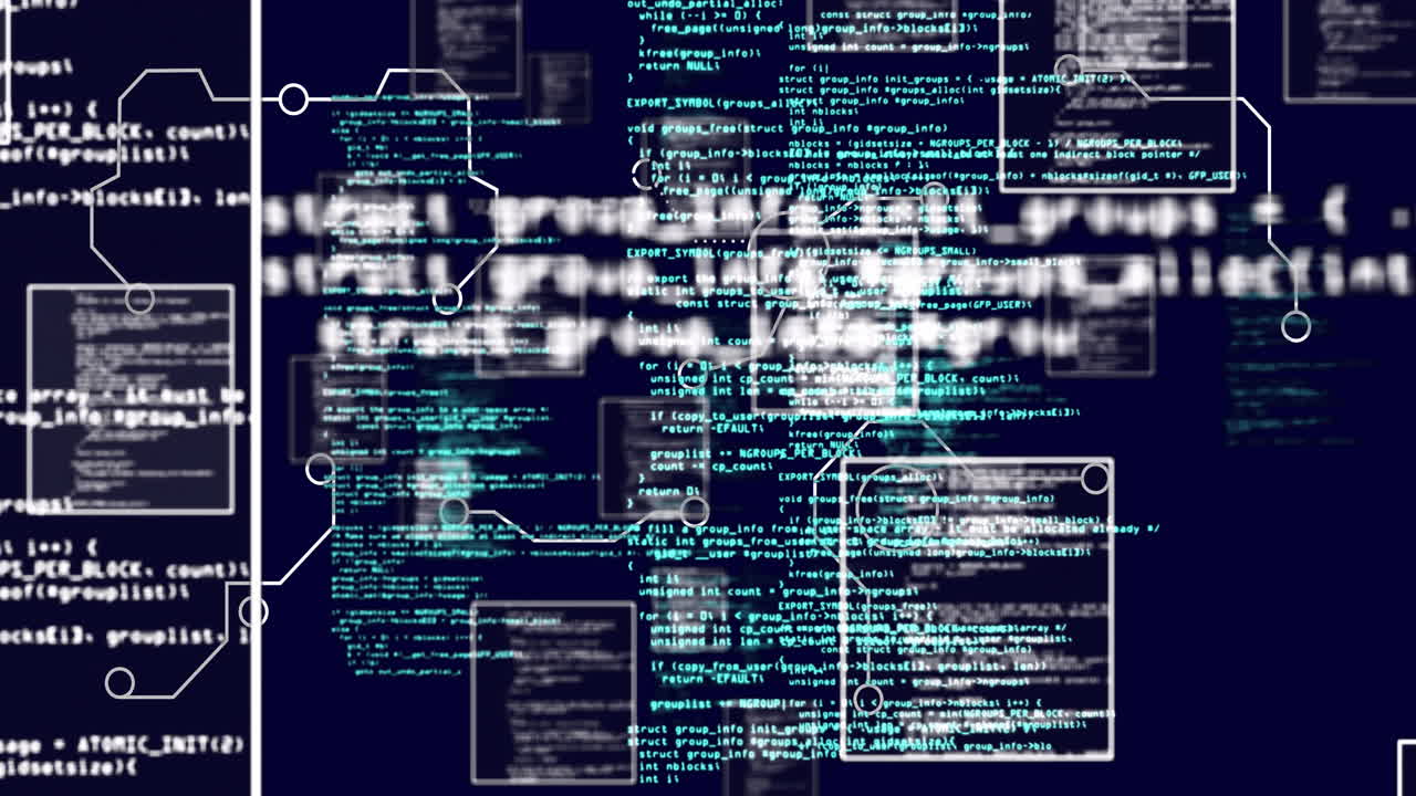 código de programación y animación de flujo de datos sobre fondo oscuro con nodos interconectados