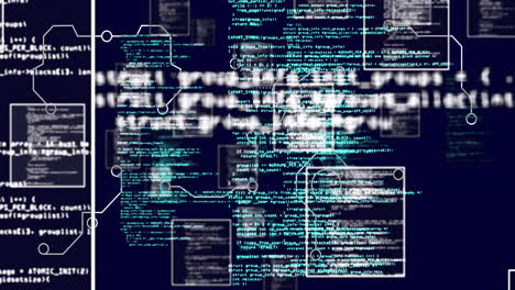 codice di programmazione e animazione del flusso di dati su sfondo scuro con nodi interconnessi
