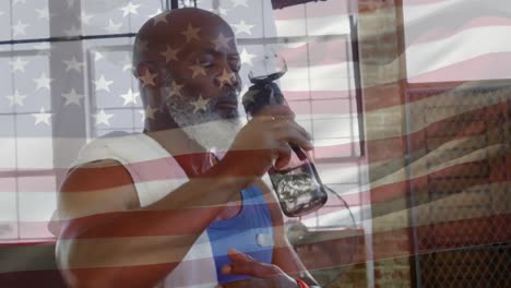 animation of african american man exercising over flag of usa