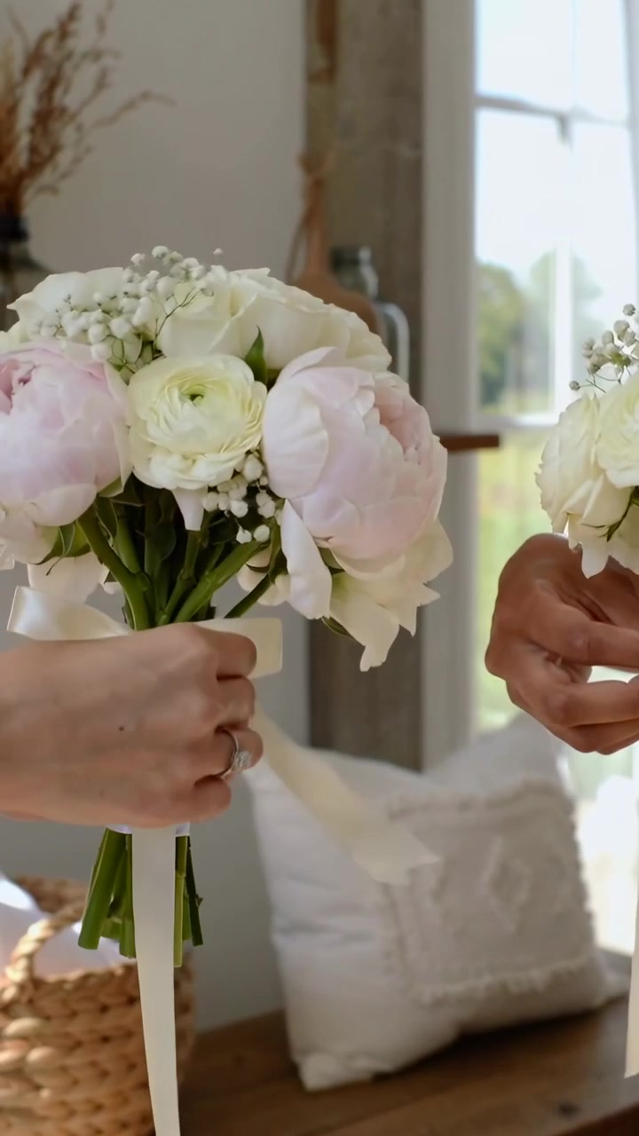 Vertical video: Passing bouquet, hands securing ribbon bow with pin at window wedding wearing robes
