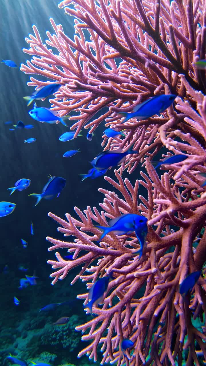 Pesci blu vivaci che nuotano intorno a una colorata barriera corallina con la luce del sole.