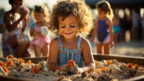 little girl joyfully playing with seashells and flowers on the beach