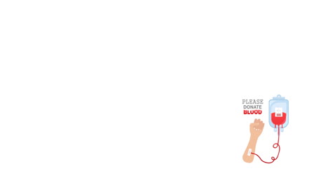 animation of donate blood text with arm and blood collection tube and bag logo, on white background