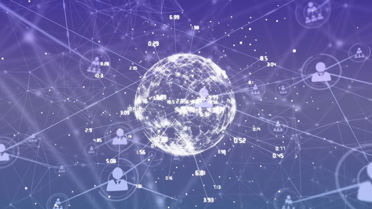 파란색 배경 위에 아이콘과 글로브로 연결된 네트워크의 애니메이션