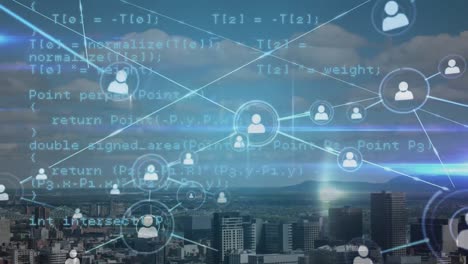 digital composite video of network of connections and data processing against cityscape