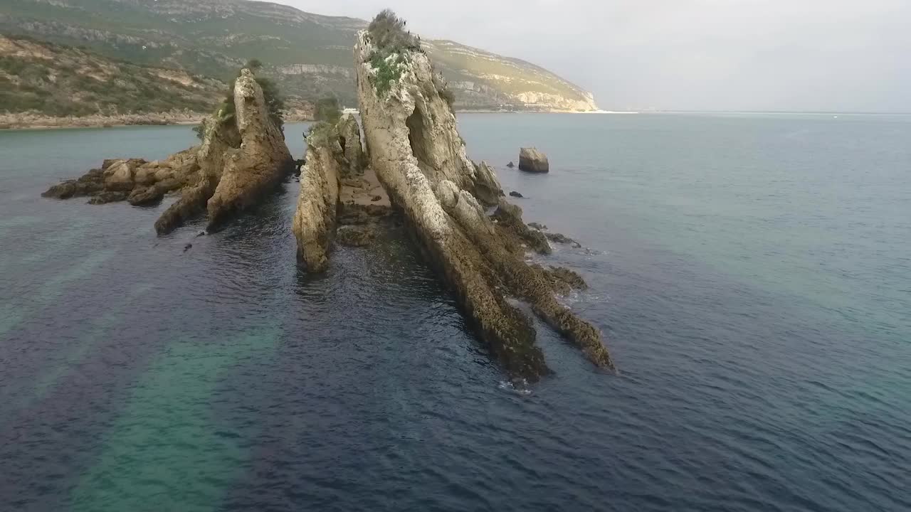 Rotation aerial view showing the zoological reserve Pedra da Anicha (in the beauty Arrabida Natural Park, Portugal), with many seagulls flying around