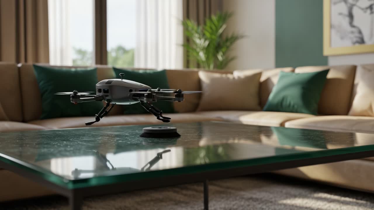 A Stylish Drone Suspended Above a Modern Coffee Table in a Chic Living Room, Blending Technology with Contemporary Interior Design Aesthetics