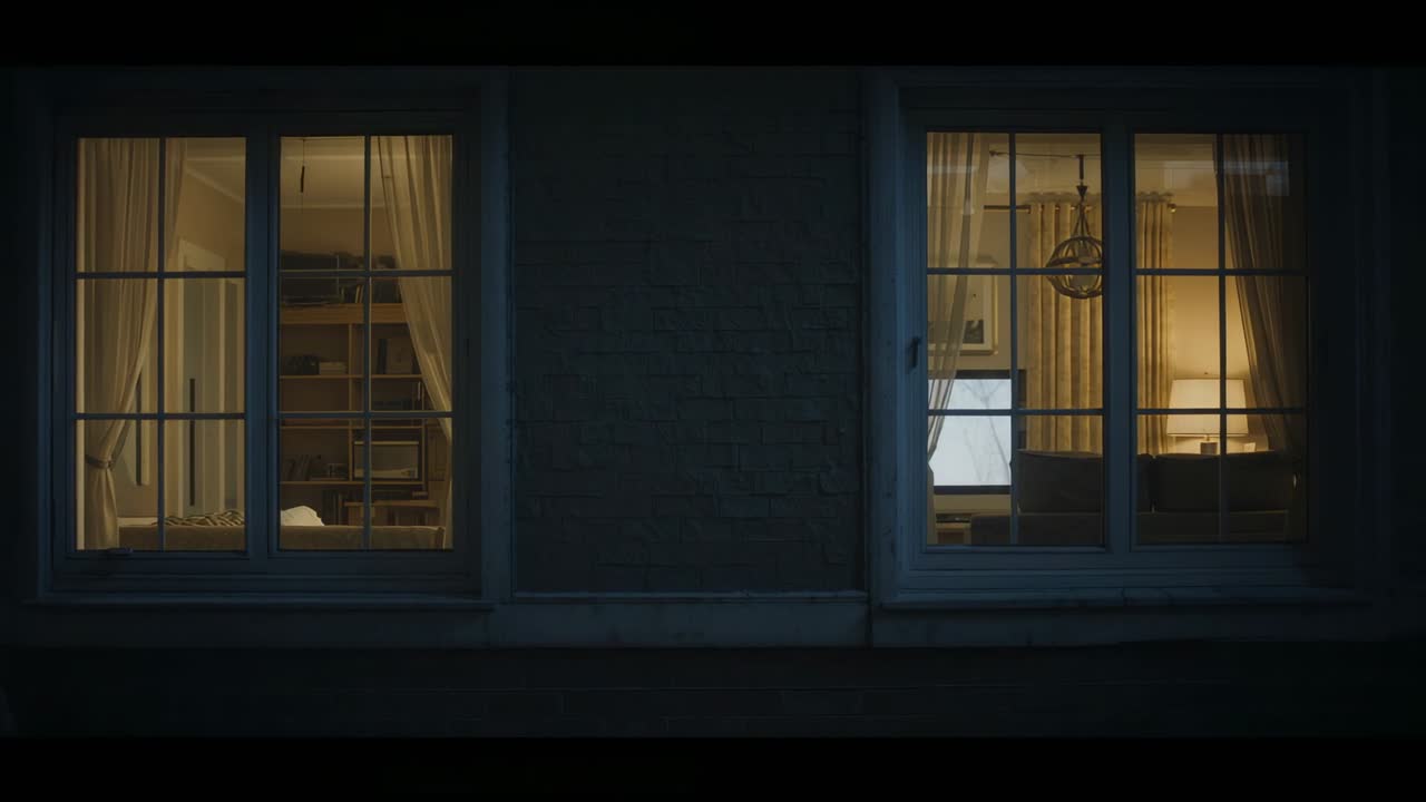 Video verticale: Mostra due finestre a riquadri su una facciata di notte, monitor che si oscura, tende che si muovono.