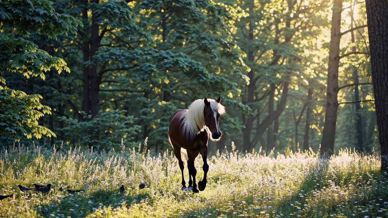 A horse gallops through a sunlit forest, captured from a low-angle, evoking a serene, cinematic