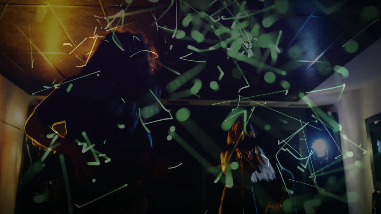 Guitarist performing electric guitar, blending music technology with green and white light trails