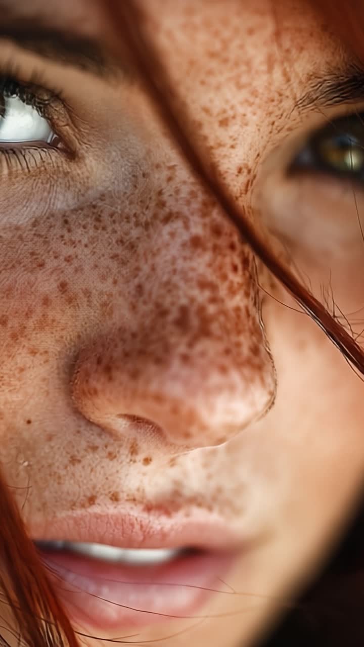 Ritratto ravvicinato di un individuo lentigginoso con tratti distintivi e un'espressione vivace, che cattura l'essenza della bellezza naturale e delle caratteristiche uniche