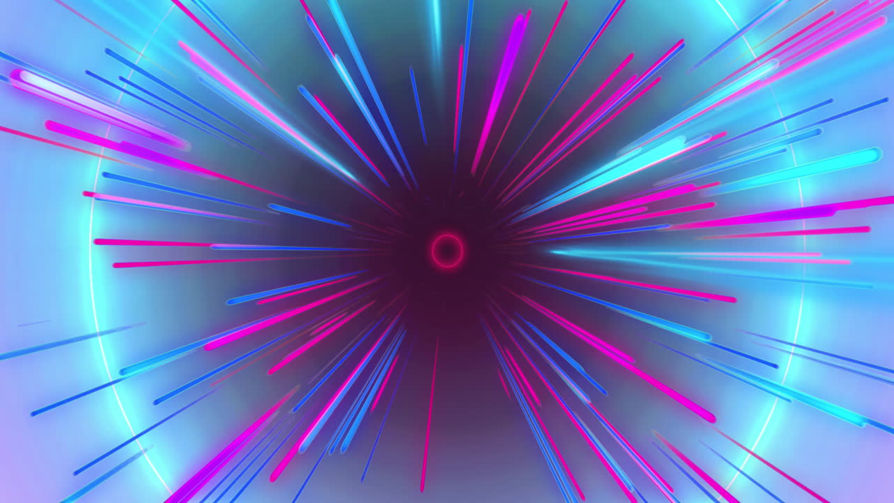 Animation of purple neon light trails and circles over black background