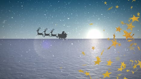 animation of snow falling and santa claus in sleigh with reindeer over winter landscape