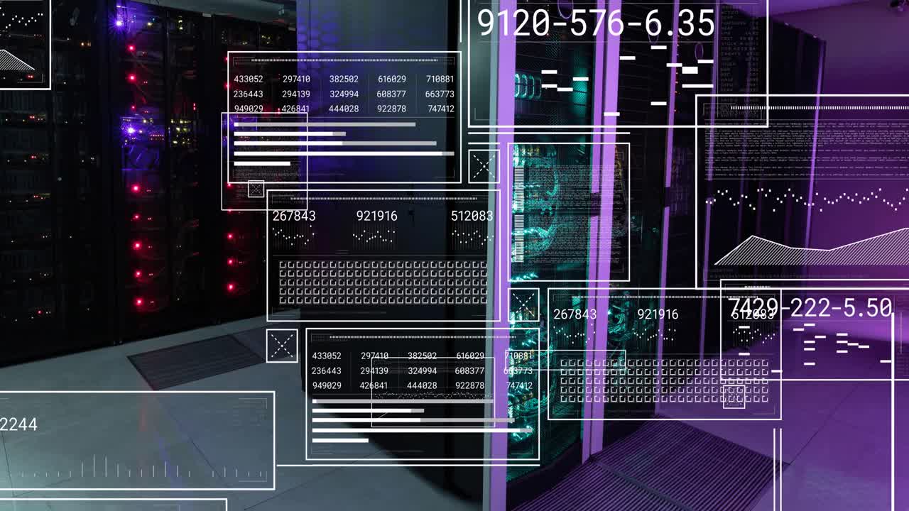 Animation of interface with data processing against computer server room