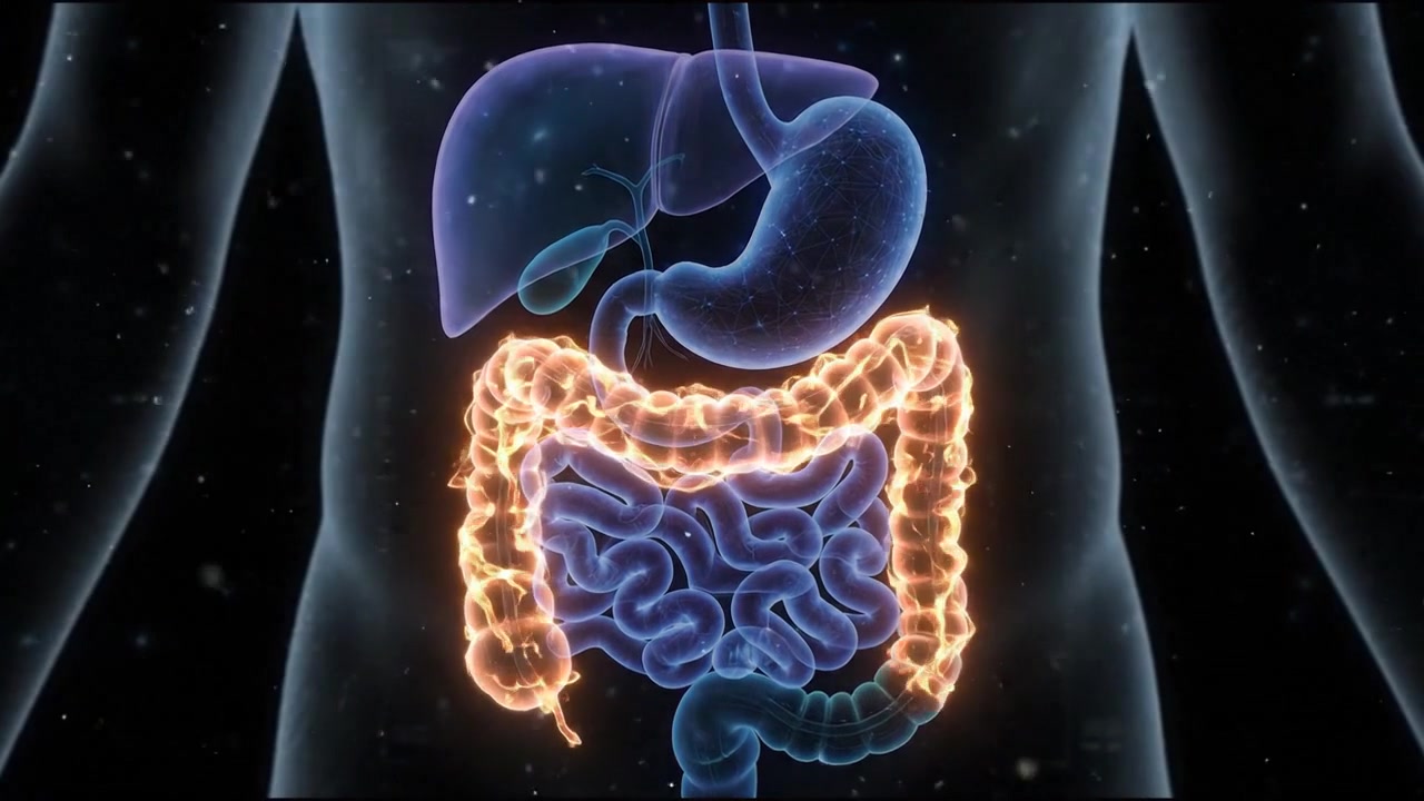 Colorful liver stomach and intestinal system highlighted in blue torso hologram
