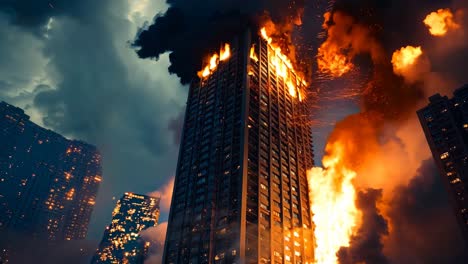 a tall building on fire in the middle of a city at night