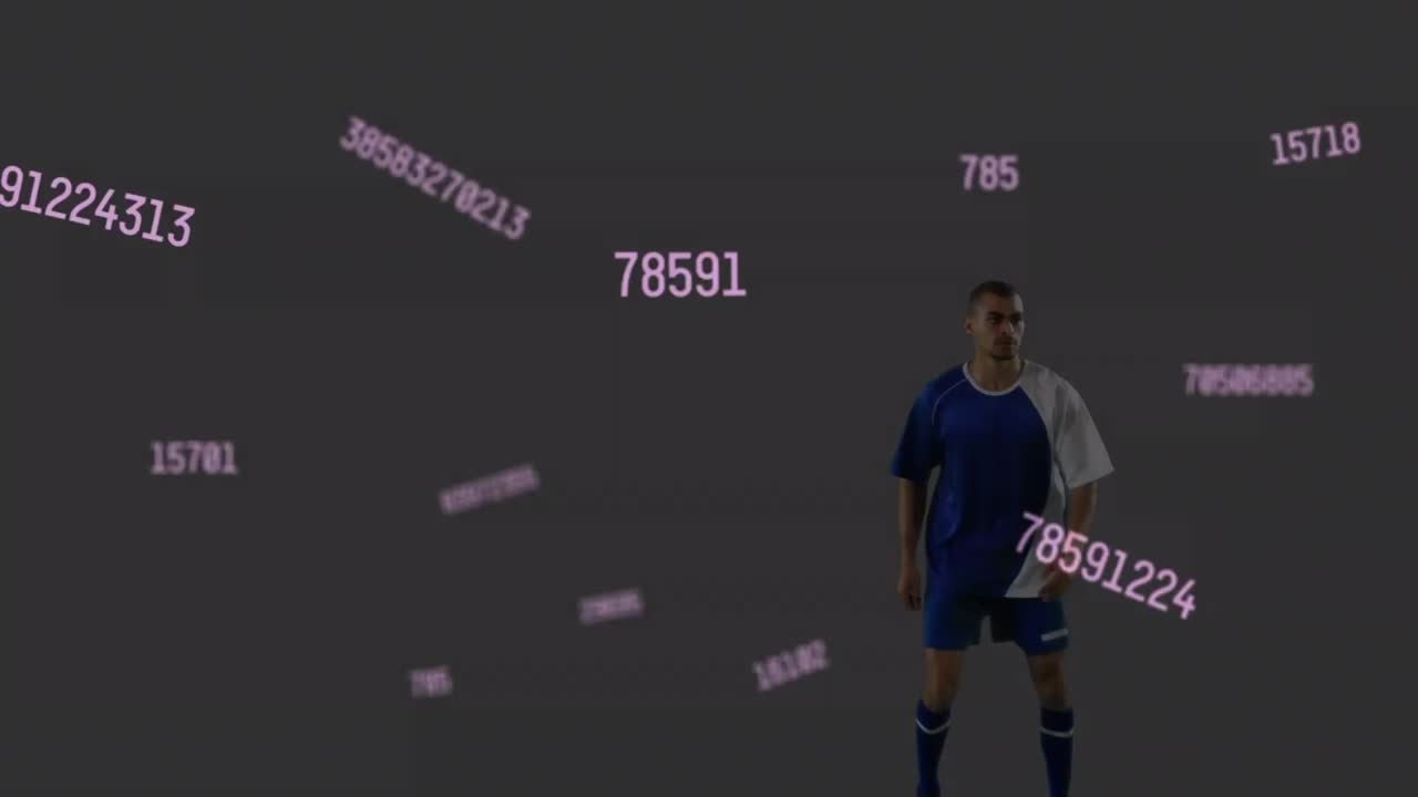 Animation of neon qr code and changing numbers over biracial male soccer player heading the ball