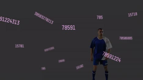 Animation-of-neon-qr-code-and-changing-numbers-over-biracial-male-soccer-player-heading-the-ball