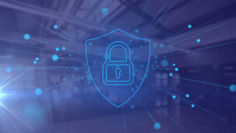 animation of online security padlock and network of connections over empty office on blue background