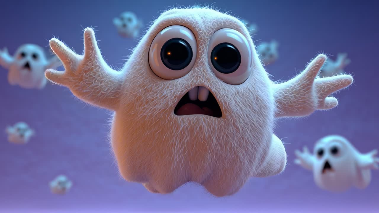 A Delightfully Adorable Fuzzy Specter with Big Eyes Floating in a Surreal Purple Background Surrounded by Other Curious Ghostly Figures