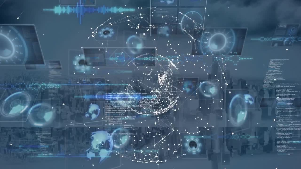 전 세계와 도시 풍경의 스크린에서 데이터 처리의 구성