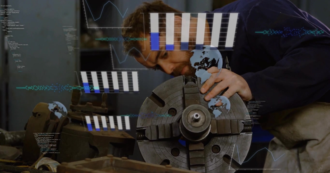 Engineer Inspecting Industrial Lathe Machine with Digital Data Overlay