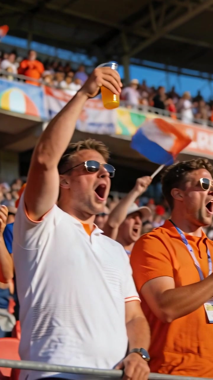 Video vertical: Mujer gritando con camiseta naranja agarrando la barandilla después de un gol en el estadio, espacio para texto.