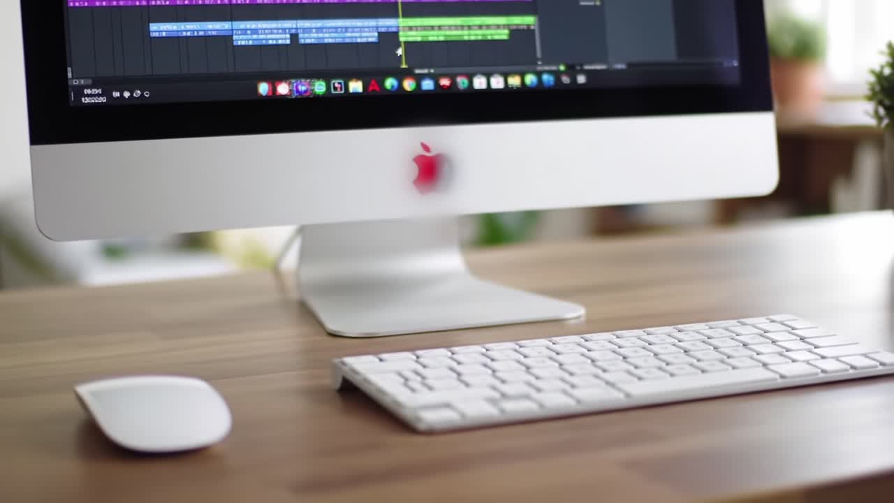 A Modern Workspace Featuring an iMac with Editing Software Open, Showcasing a Sleek Design and Professional Tools for Content Creation and Digital Work