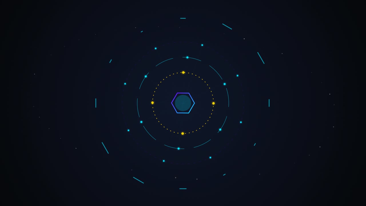 Abstract Digital Hexagon Rotating with Orbital Data Points