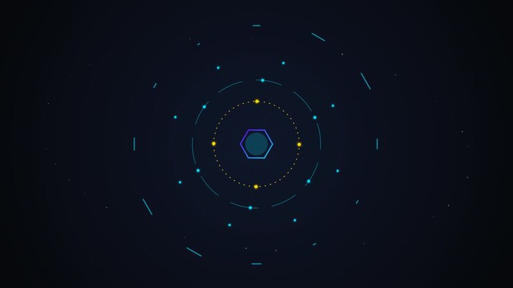 Abstract Digital Hexagon Rotating with Orbital Data Points