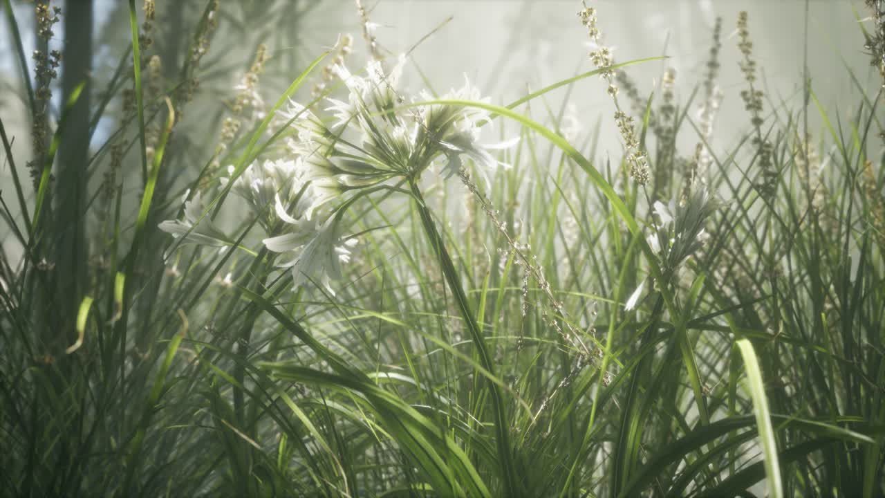 잔디 꽃 필드와 부드러운  ⁇ 빛을 배경으로.