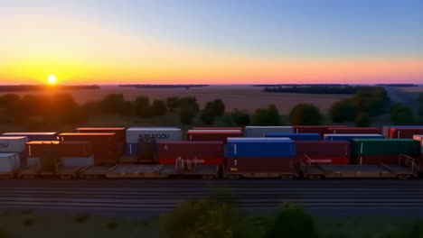 freight train carrying shipping containers at sunset