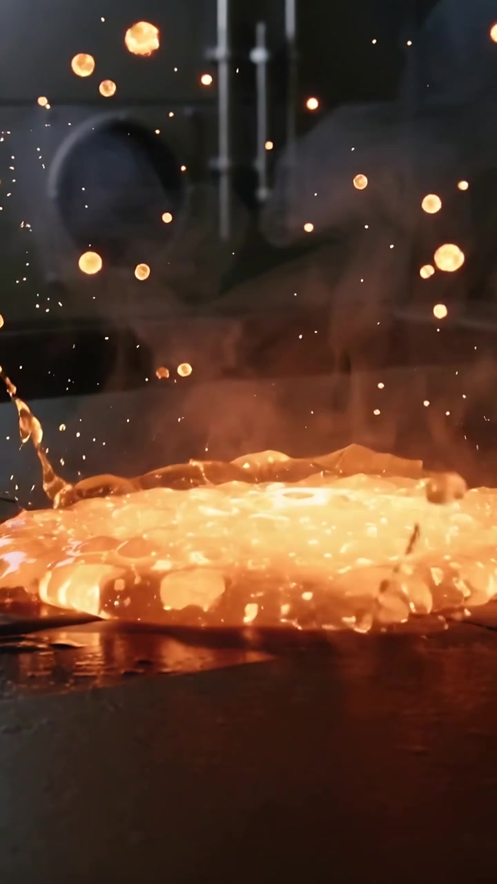 Vertical video: Forming glowing molten pool on metal plate, sudden jolt splashing bright droplets