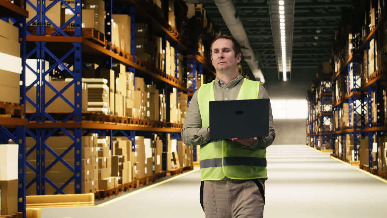 Uomo del personale che opera con un laptop in un centro di distribuzione e-commerce