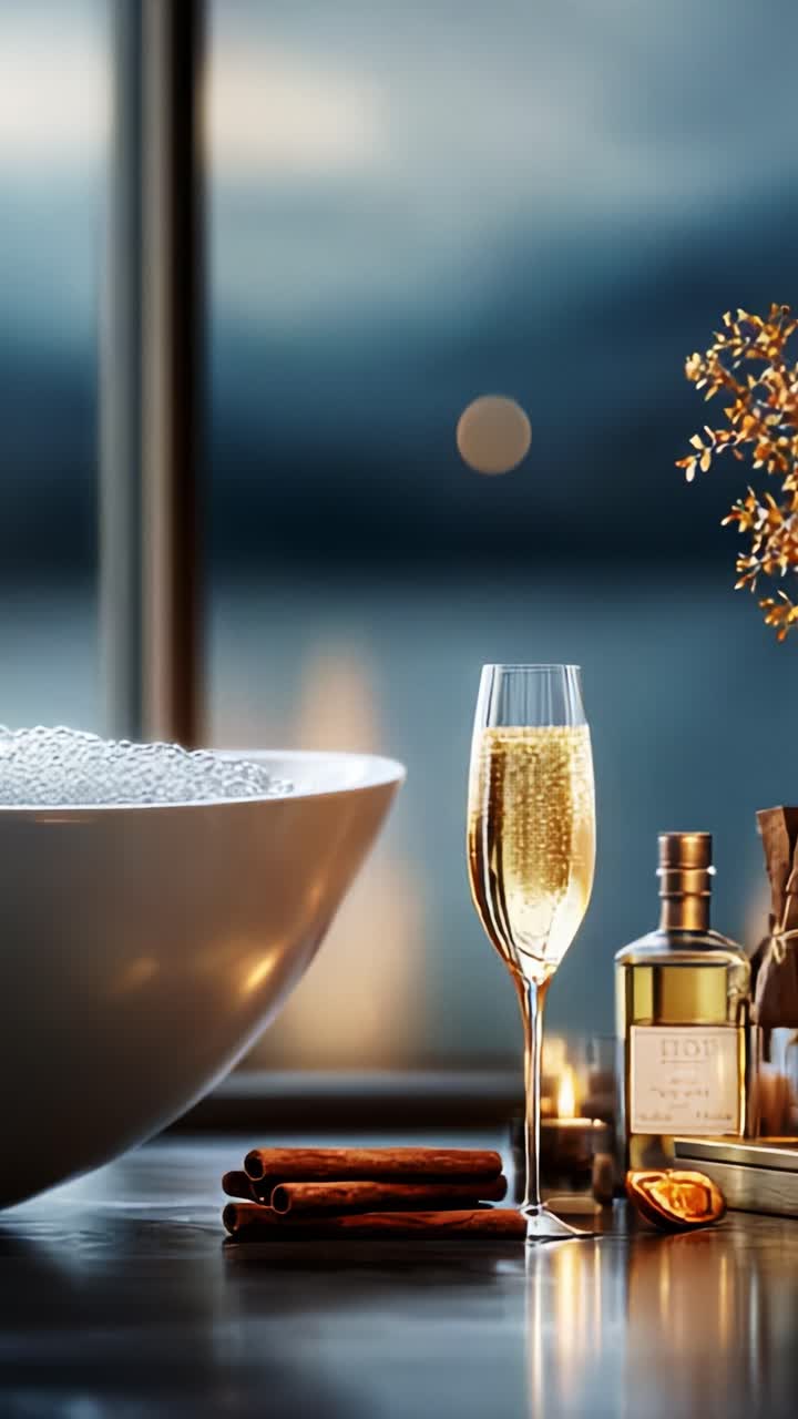 Elegante ambientazione serale con bevanda frizzante, candele profumate e zona bagno decorata per un momento di relax e piacere a casa