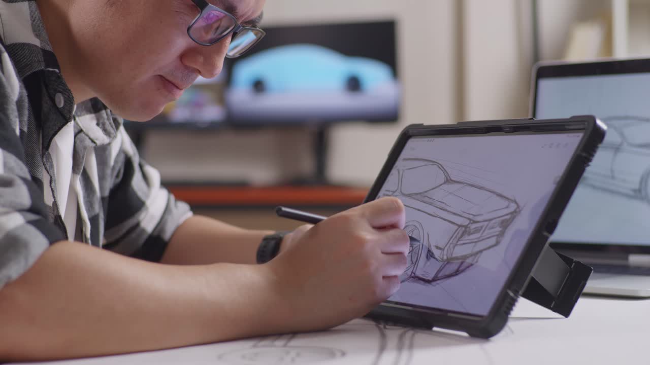Close Up Of Asian Male Celebrating Success Drawing New Car Design Concept On A Tablet In The Studio With Tv And Computers Display 3D Electric Car Model