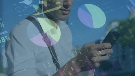 animation of financial data processing over mixed race an using smartphone